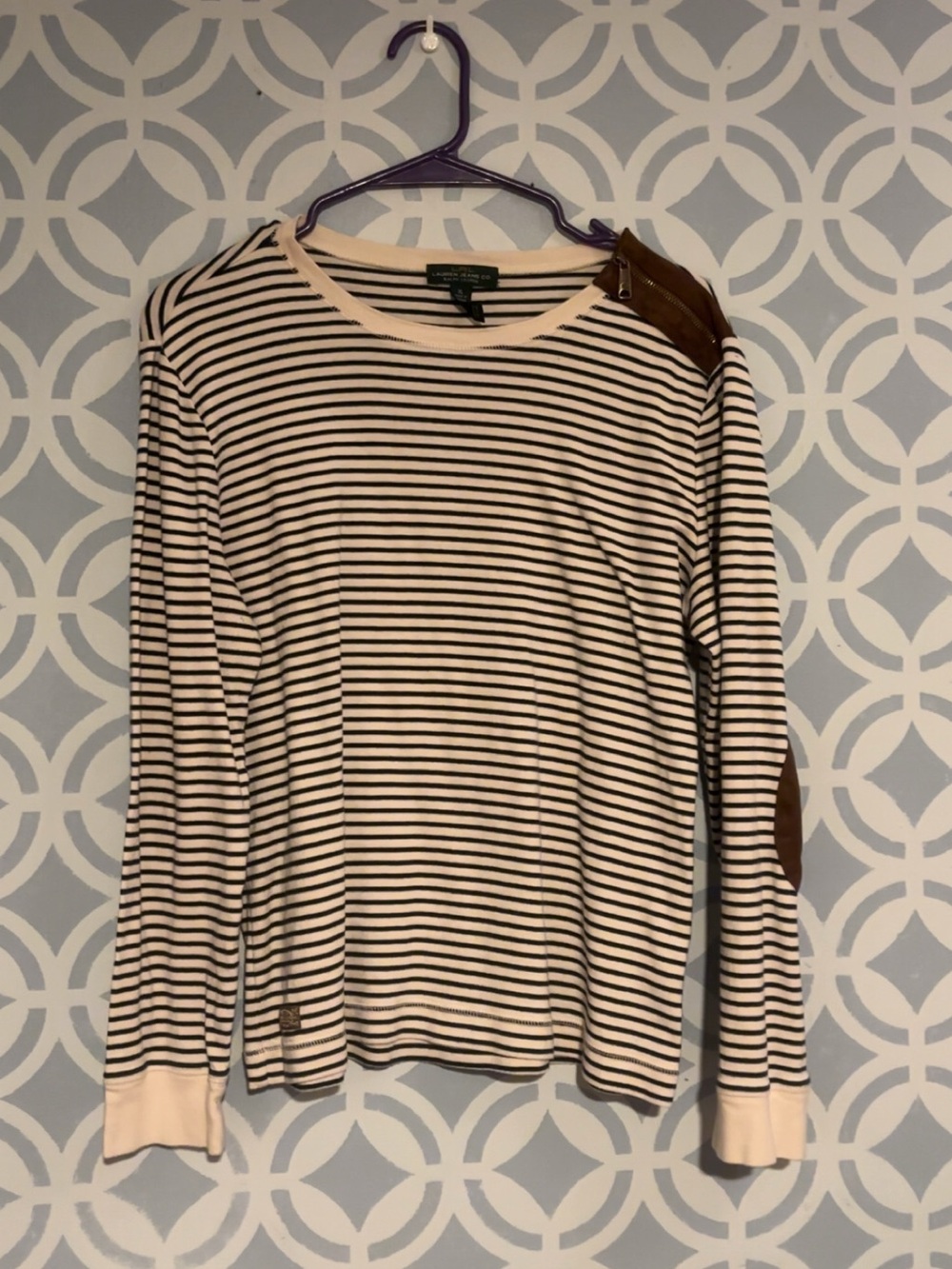 Ralph Lauren Beige and Black Striped Long-Sleeve Tee with Brown Elbow Patches